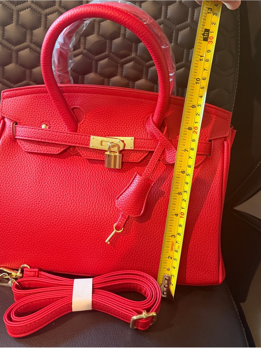 Bright Red Structured Top-Handle Women’s Handbag with Gold Hardware - Picture 4 of 7